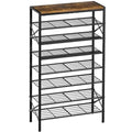 Rustic Brown 8-Tier Metal Shoe Rack with Wooden Top, Holds 24-32 Pairs