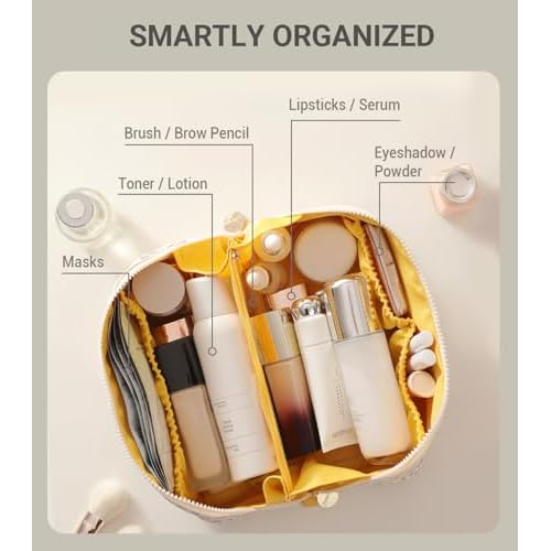 Aveniee Travel Makeup Bag for Women, Large Cosmetic Organizer with Open-Flat Design, Clear Divider & Handle - Waterproof PU Leather Toiletry Pouch