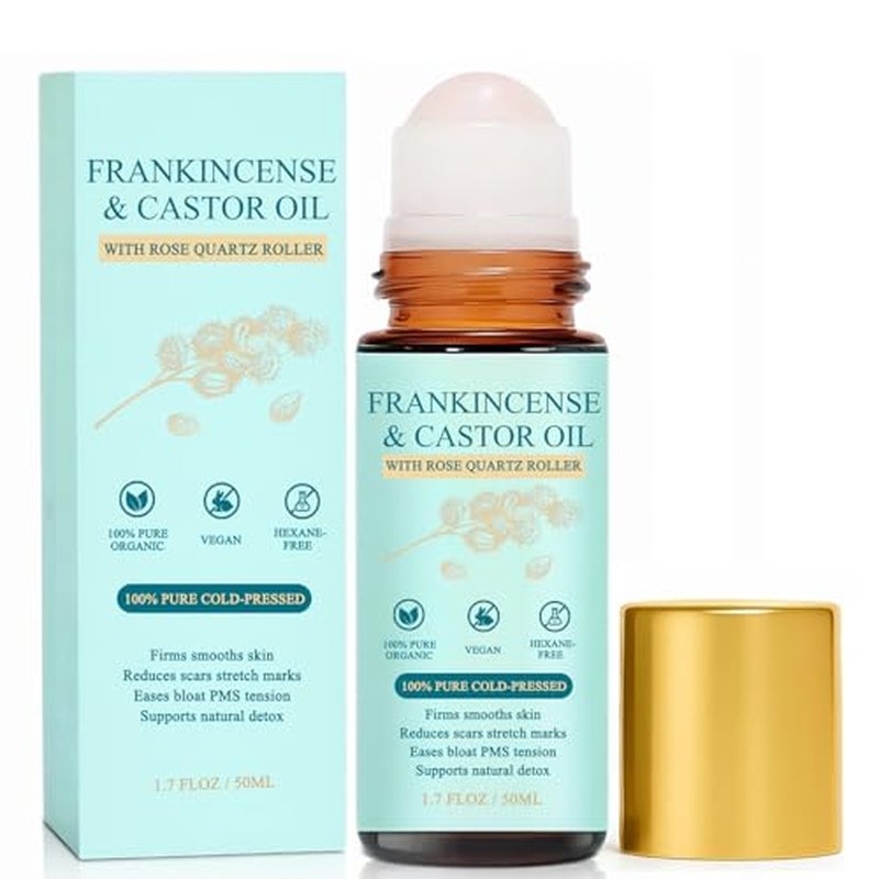 Frankincense and Castor Oil Rose Quartz Roller ? Organic Cold-Pressed Castor Oil Roll-On with Removable Rose Quartz | Firms Smooths Skin, Brightens Eyes, Reduces Scars Stretch Marks 1.7FLOZ