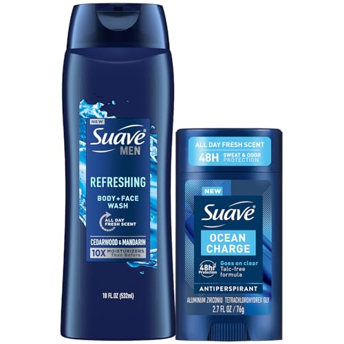 Suave Men¡¯s Body Wash, Refresh + Invisible Solid Ocean Charge Antiperspirant Deodorant Stick, 48H Sweat & Odor Protection (2 Piece Set)
