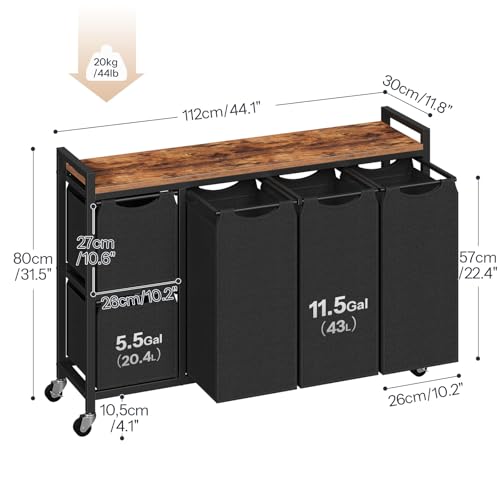 HOOBRO Laundry Sorter with 5 Compartments & Removable Bags, Rustic Brown, 170L Capacity