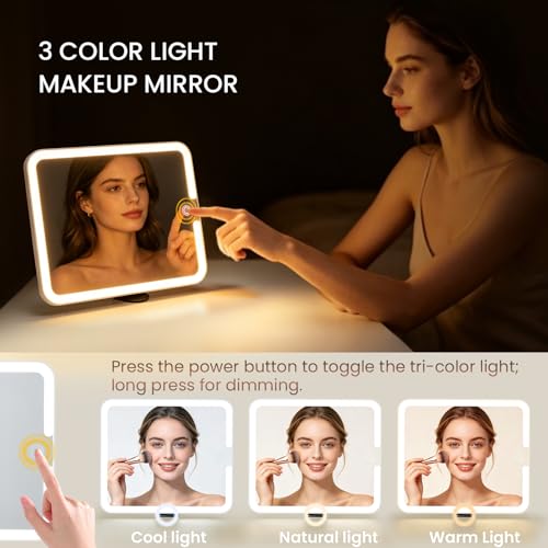 Faquenc ZS Brown Leather Makeup Bag with LED Lighted Mirror - Travel Cosmetic Organizer with Dividers