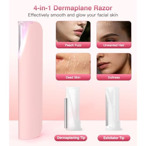 Sonic Dermaplane for Women Face, Dermaplane Razor for Women with LED Light, Rechargeable Facial Hair & Peach Fuzz Remover, 4 Refill Dermablades & 2 Microsmooth Exfoliation Tips, Pink