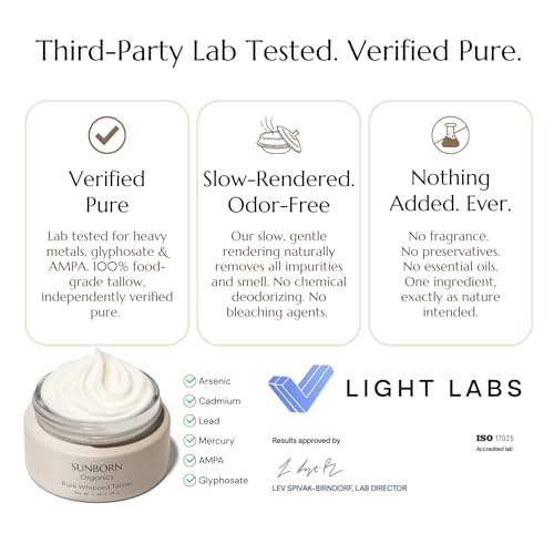 Sunborn Organics Unscented Whipped Tallow Face Moisturizer 1oz - Pure Grass-Fed, Fragrance-Free for Dry & Sensitive Skin