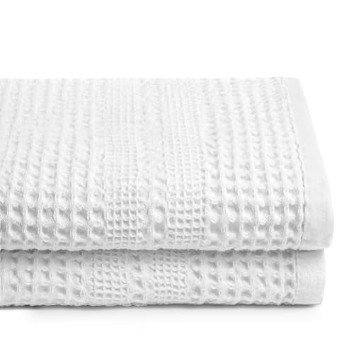 White Waffle Towels Set of 2 - Quick Dry Cotton Bath Towels, Large & Absorbent