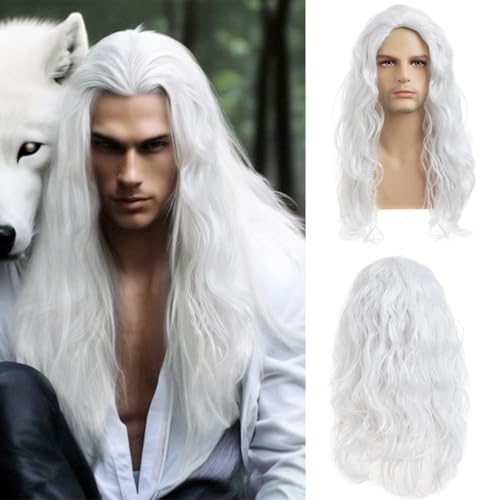 White Long Curly Wavy Costume Wig - Heat Resistant Synthetic Hair for Men & Women - Sallcks