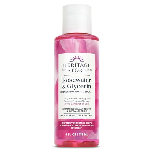 HERITAGE STORE Rosewater & Glycerin Hydrating Facial Splash - Dry Combination Skin Care - Rose Water with Vegetable Glycerine - Made w/out Dyes or Alcohol, Hypoallergenic, Vegan, 60-Day Guarantee, 4oz