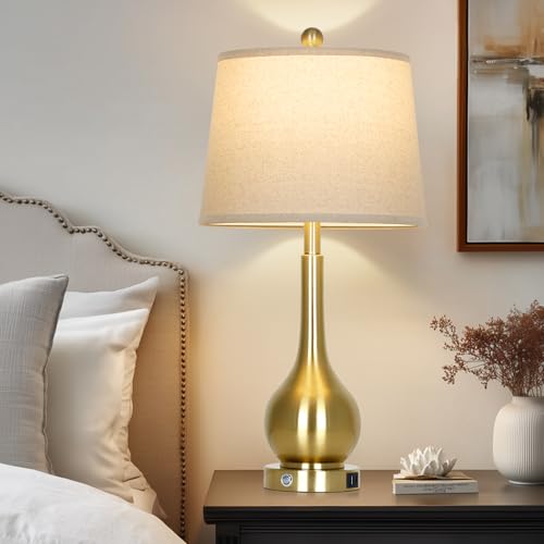 Rinweey 26-inch Gold Set of 2 Touch Control Bedside Lamps with USB Ports - Dimmable Nightstand Lamps for Living Room & Bedroom
