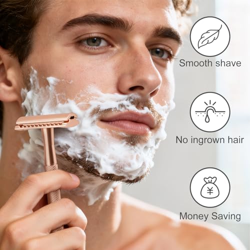 Safety Razor for Men & Women - Double Edge Single Blade Razor with 10 Blades, Reusable One Blade Razor for Close Shave (Mens & Womens Razor, Eco-Friendly)-Rose gold