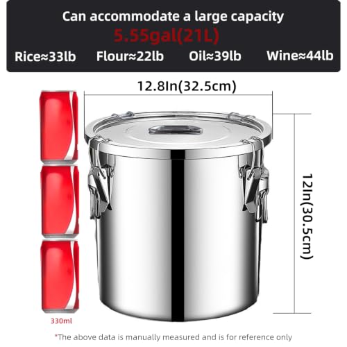 304 Stainless Steel Food Storage Container 5.55 Gal - Airtight Lids & Lock Clips