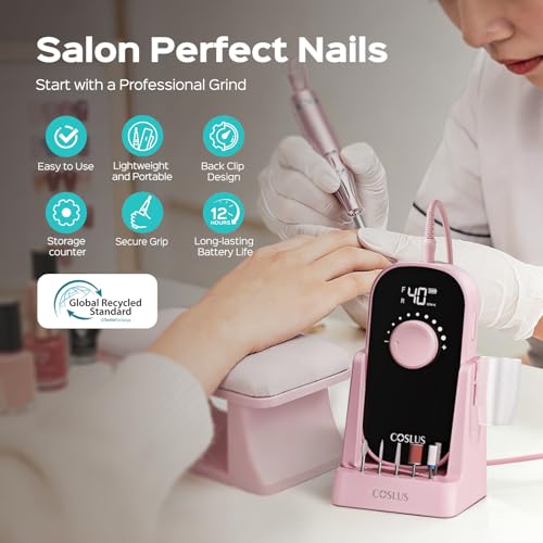 COSLUS E51 Electric Nail Drill Professional: 40000 RPM Rechargeable Nail File with Stand for Acrylic Nails, Stable & Smooth Grinding, Easy to Use, Ideal for Women Beginners, Home DIY and Salon Pink