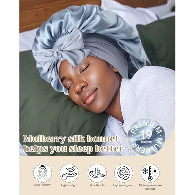 AWAYTR 100% Mulberry Silk Hair Bonnet for Women Sleeping with Tie Band 19 Momme Silk Sleep Cap Night (US, Alpha, One Size, Haze Blue)