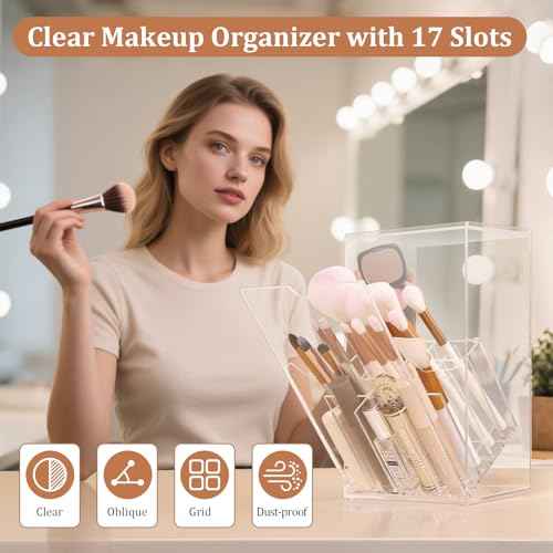 Acrylic Makeup Brush Holder with Slanted Flip-Top Lid - Clear Dustproof Cosmetic Make up Brush Organizer and Storage Box - Large Capacity 17-Slots Container for Vanity Brushes (Transparent)