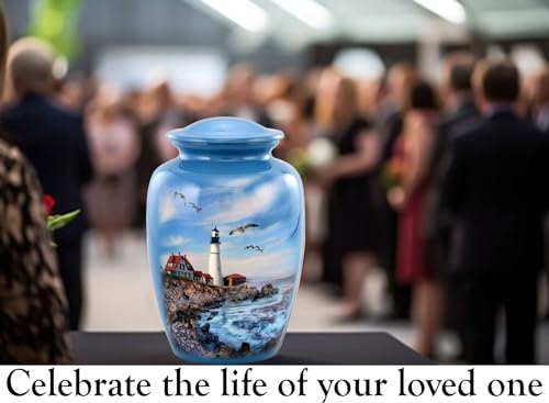 Full Size Ocean Blue Lighthouse Cremation Urn for Adults - Holds Up to 210 Lbs