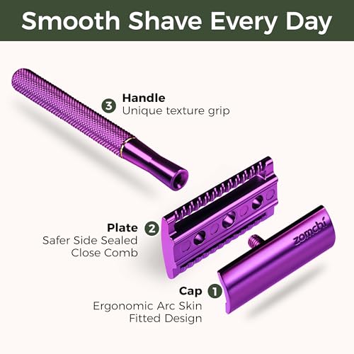 ZOMCHI Double Edge Safety Razor with Stand, Safety Shaving Razor with 10 Double Edge Safety Razor Blades, Eco-Friendly Razor for Shaving ? Purple