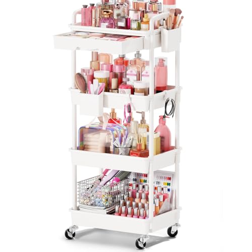 4-Tier White Rolling Makeup Organizer Cart with Removable Drawer - Goovilla