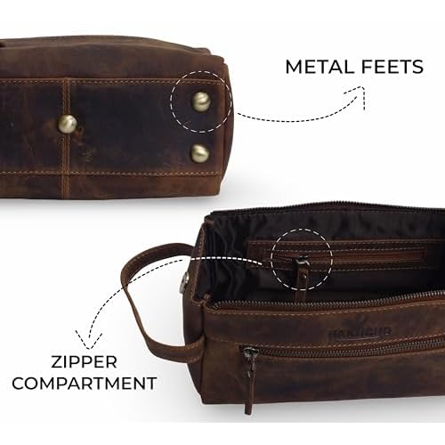 Walton Buffalo Leather Toiletry Bag for Travel, Tan Brown