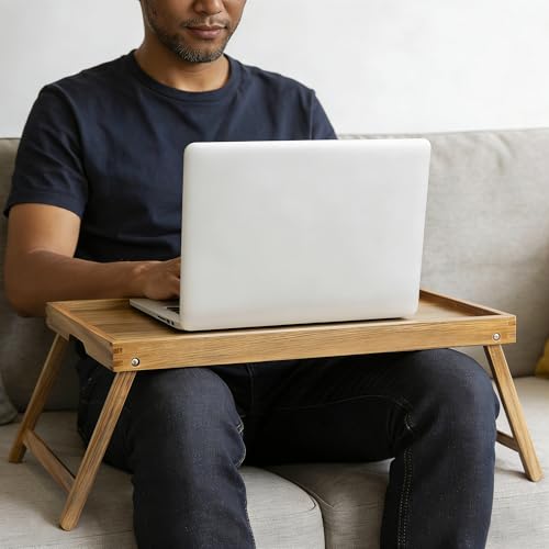 VaeFae Extra Large Acacia Bed Tray Table with Folding Legs – Multifunctional Serving & Breakfast Tray