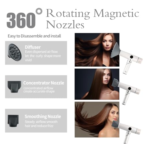 Ionic Hair Dryer 1800W Fast Drying Travel Blow Dryer with Foldable Design and Magnetic Nozzles