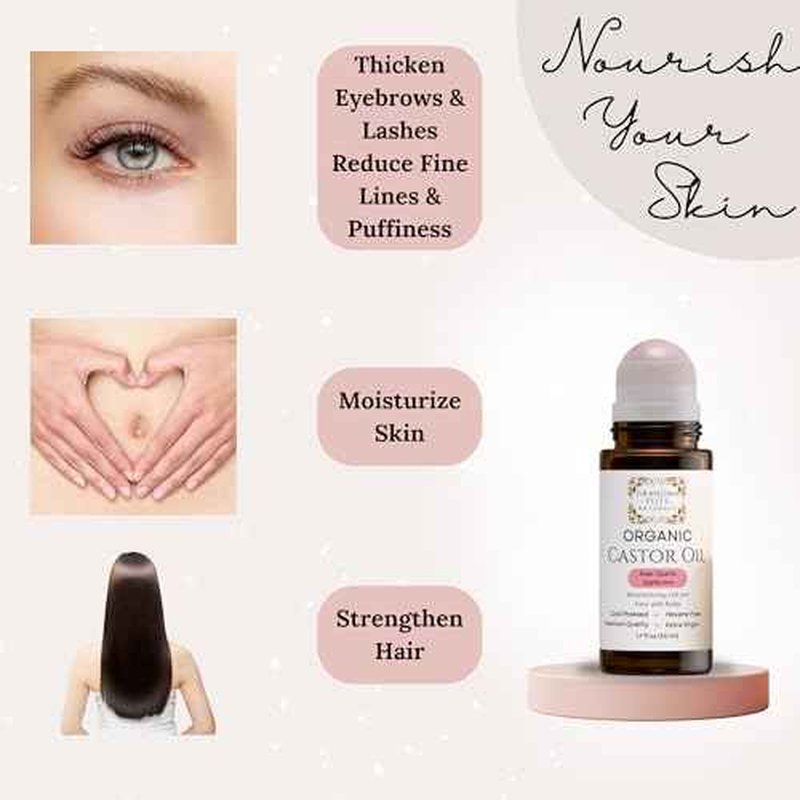 Grandma Flo's Naturals Organic Castor Oil with Rose Quartz Roll On For Face and Body - Glass Bottle, Cold Pressed, Hexane Free, Unrefined - Stimulate Hair Growth, Moisturize Skin (50ml)