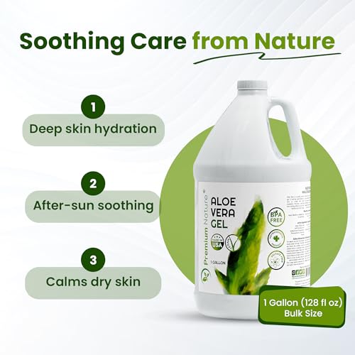 Premium Nature Pure Aloe Vera Gel For Face & Dry Skin, Sunburn Relief, Jelly for Skin Moisturizer from Aloe Vera Plant for Hair Aloe Gel 1 Gallon, 128 fl oz