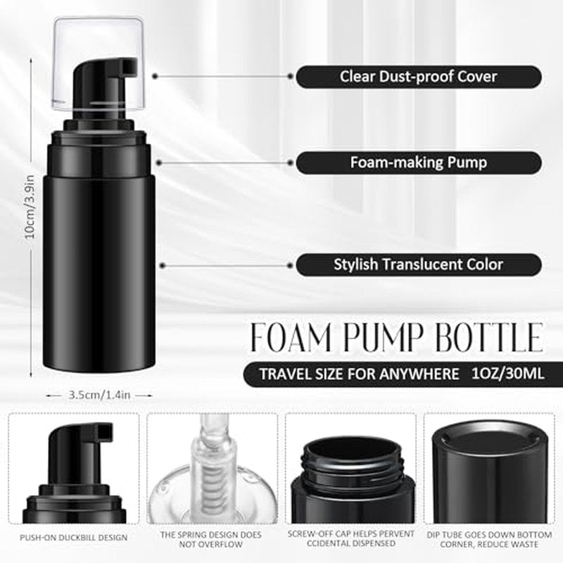 50pcs Foam Pump Bottles 1oz/30ml Plastic Mini Empty Dispenser DIY Travel Face Cleanser Mousse Soap Foam Bottle Refillable Hand Soap Eyelash Shampoo Cosmetics Portable Travel Pack(Black)