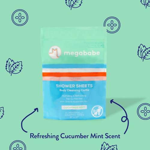 Megababe Cucumber Mint Shower Sheets - 10 Individually Wrapped Body Cleansing Cloths (Pack of 2)