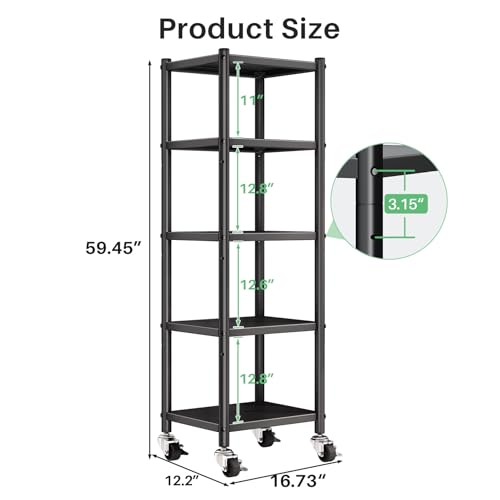 5-Tier Adjustable Metal Storage Shelves with Wheels - Kitchen, Pantry, Laundry, Closet Organizer 17"L x 12.4"W x 59"H