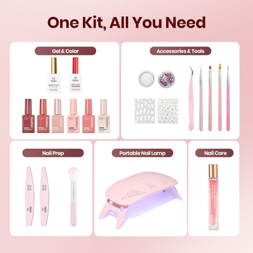 Beetles 22 Pcs HEMA-Free Gel Nail Polish Kit with U V Light - 6 Color Pink Nude Red Pearl White Gel Polish Set Ethereal Glow Gift-Ready Package DIY Salon Portable Manicure Kit Women Girls Teens Gifts