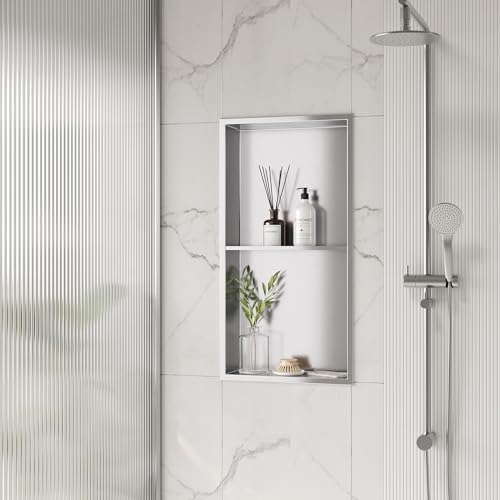 Brushed Stainless Steel 2-Tier Shower Niche 12x24 Inches - Easy Install