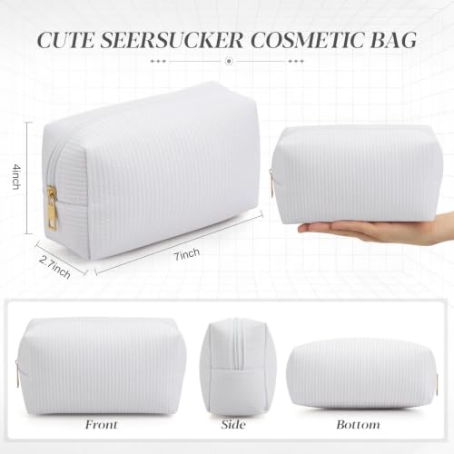 White Seersucker Cosmetic Bags Set of 6 - Striped Zippered Travel & Makeup Pouches - Sanwuta