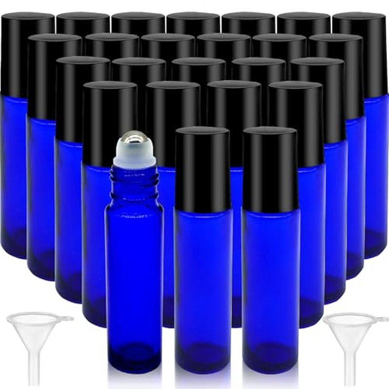 25 Pcs Essential Oil Roller Bottles 10ml Empty Glass Roller Bottles with Stainless Steel Roller Balls Protection Leakproof with 2 Funnel for Travel, Roller Balls For Essential Oils(Blue)