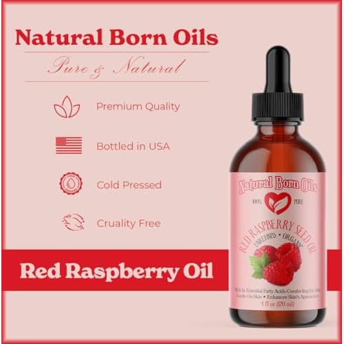 Natural Born Oils Red Raspberry Seed Oil, 4oz, Organic, Cold-Pressed Carrier Oil, Rich in Antioxidants, Ideal for Skin Hydration & Hair Nourishment