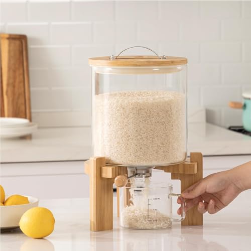 HBlife 5L Glass Rice Dispenser with Wooden Stand, Airtight Bamboo Lid & Measuring Cup