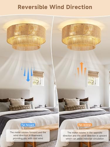 Gold Boho Caged Ceiling Fan with Light Flush Mount - Handwoven Rattan Fandelier
