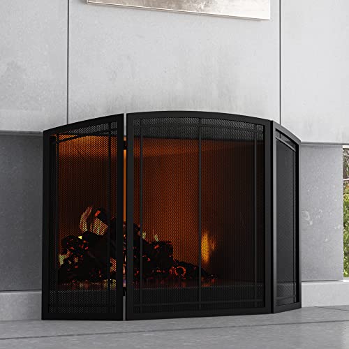 FireBeauty 3‑Panel Wrought Iron Fireplace Screen 48x30 Inch Black Guard