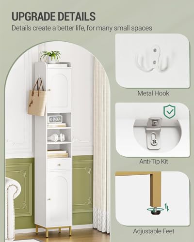 White Tall Bathroom Cabinet with Adjustable Shelves & Drawer - 11"D x 11"W x 70.9"H