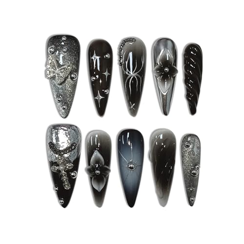 Handmade Press on Nails Long Stiletto - Gothic Cat Eye Blushing Ombre Fake Nails with 3D Chain Design | Ultra Thin Flexible False Nails with Tools| Dark Stiletto Y2K Nails For Women Girls(S)