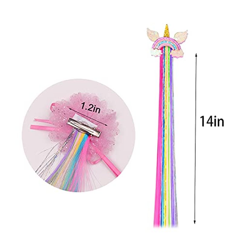 Little World Hair Clips for Girls, 6 Pcs Rainbow Hair Extensions, Unicorn Hair Clips for Girls Toddler Kids Ponytails, Hand-made Cute Glitter Hair Accessories