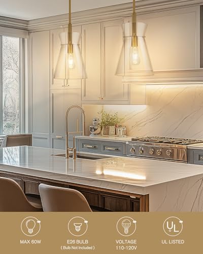 EMAK 9-Inch Modern Pendant Light with Clear Glass Shade - Brushed Gold, Adjustable Height, Kitchen Island Lighting - Variation of Brushed Gold / 1