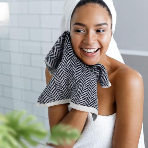 Cleanbear Navy-Blue Herringbone Cotton Washcloths 12-Pack - Soft & Durable Shower & Hand Towels