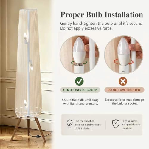Oatmeal Fabric Pleated Floor Lamp with Walnut Wood Tripod Base - 61in Tall