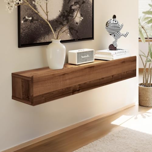 Floating Solid Wood Console Table Wall Mount with Storage Shelf - Walnut, 80cm