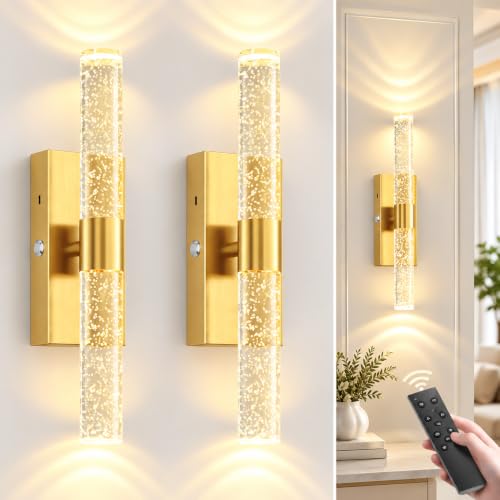 15 Inch Rechargeable Battery Wall Sconces Set of Two - Gold Finish, Dimmable, Color Changing, Wireless, 10000mAh