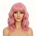 Mxayhnajxl Pink Wigs with Bangs for Women, 14 Inch Short Wavy Bob Cosplay & Party Wig