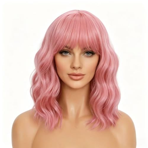 Mxayhnajxl Pink Wigs with Bangs for Women, 14 Inch Short Wavy Bob Cosplay & Party Wig