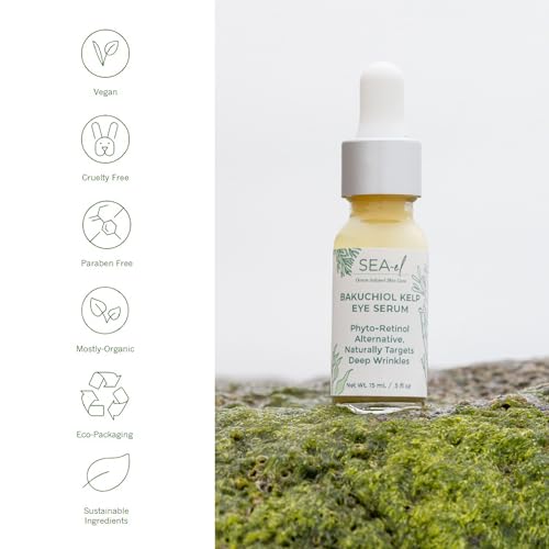 Plant-Based Eye Serum with Bakuchiol & Kelp - Natural Anti-Aging & Brightening, Vegan, 0.5 oz