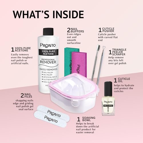 Pronto Gel Nail Polish Remover Kit ? 8 Oz Pure Acetone 100 Percent, Nail File, Nail Polish Soak Off Bowl, Cuticle Oil for Nail Care + Manicure Set with Nail Buffer Block, Cuticle Pusher & Nail scraper