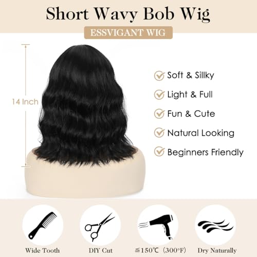 Black Wavy Wig with Bangs 14 Inch Heat Resistant Fiber Shoulder Length