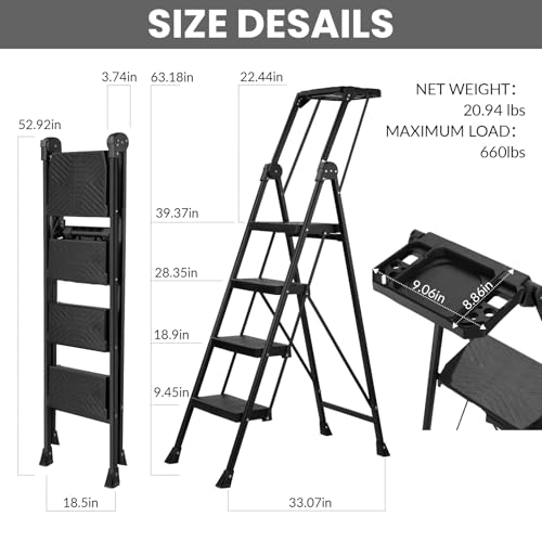 Heavy Duty Steel 4 Step Ladder with Foldable Handrail & Tool Tray - Black